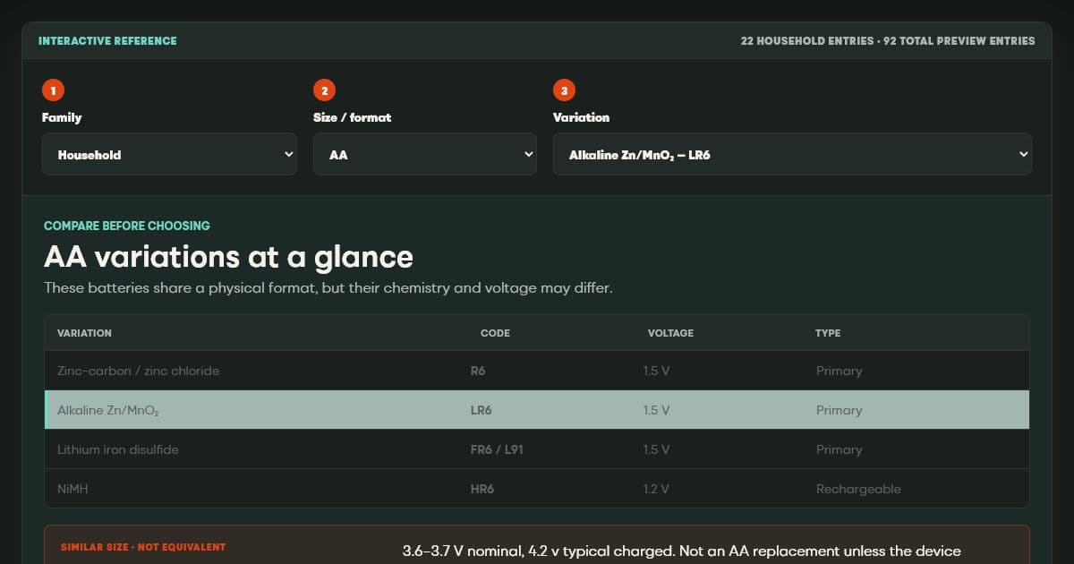 Interactive battery reference tool comparing AA battery chemistry, voltage and IEC codes