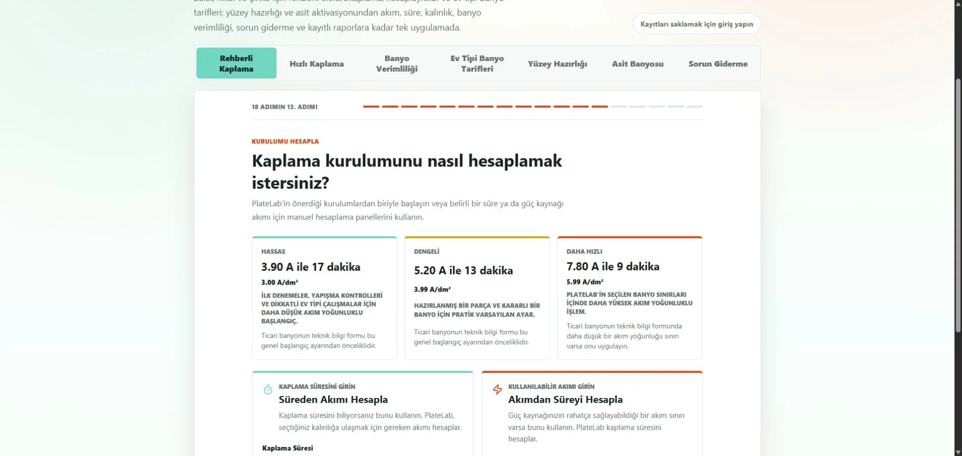 PlateLab Rehberli Kaplama ekranında yüzey alanı ve banyoya özgü akım yoğunluğundan hesaplanan Türkçe akım önerileri