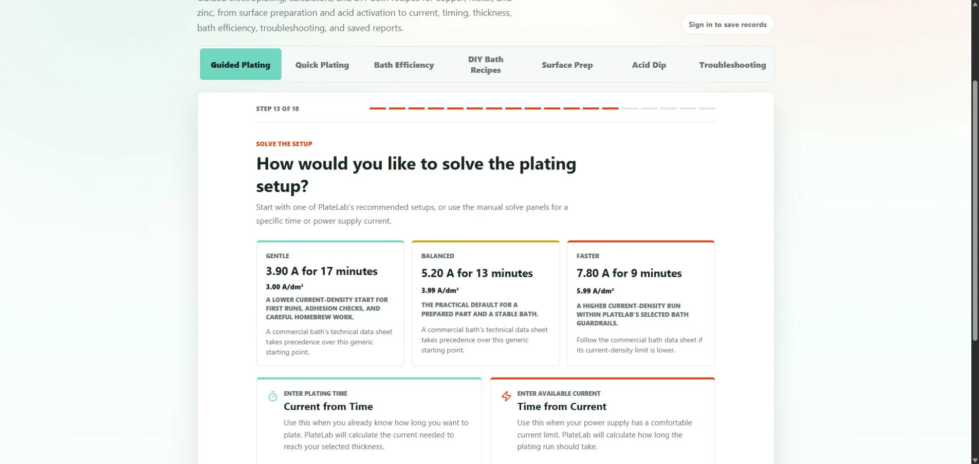 PlateLab Guided Plating showing current recommendations calculated from surface area and bath-specific current density