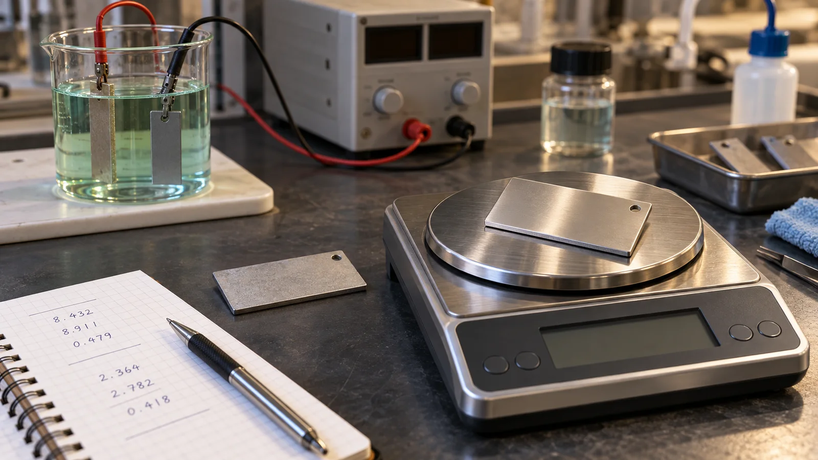 Precision weighing of a nickel-plated test coupon beside an electroplating cell and correctly wired DC power supply