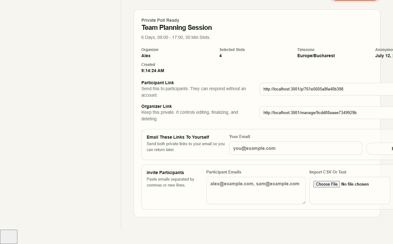 Private organizer and participant links