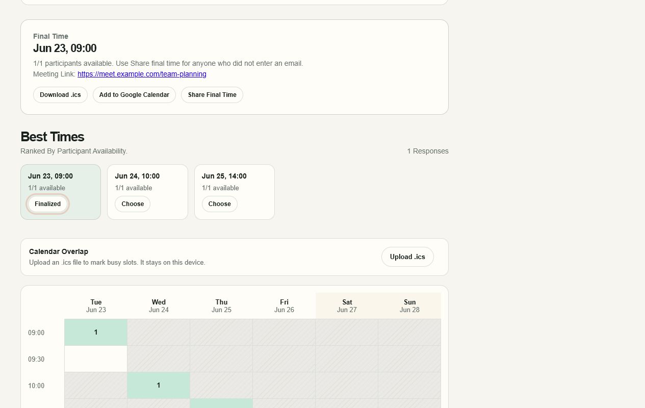 Finalized meeting time with calendar and sharing actions