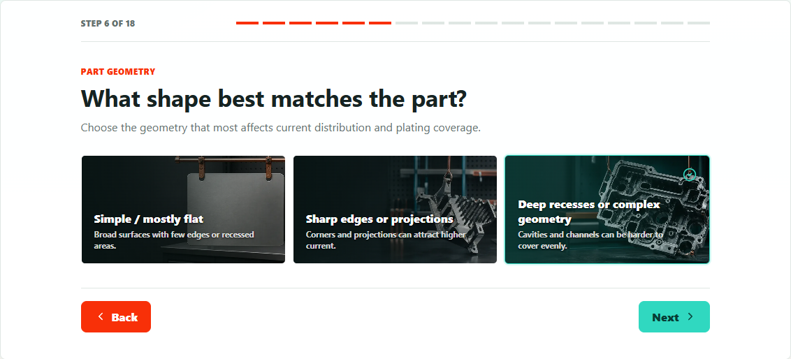 Choosing flat, sharp-edged, or complex part geometry in PlateLab