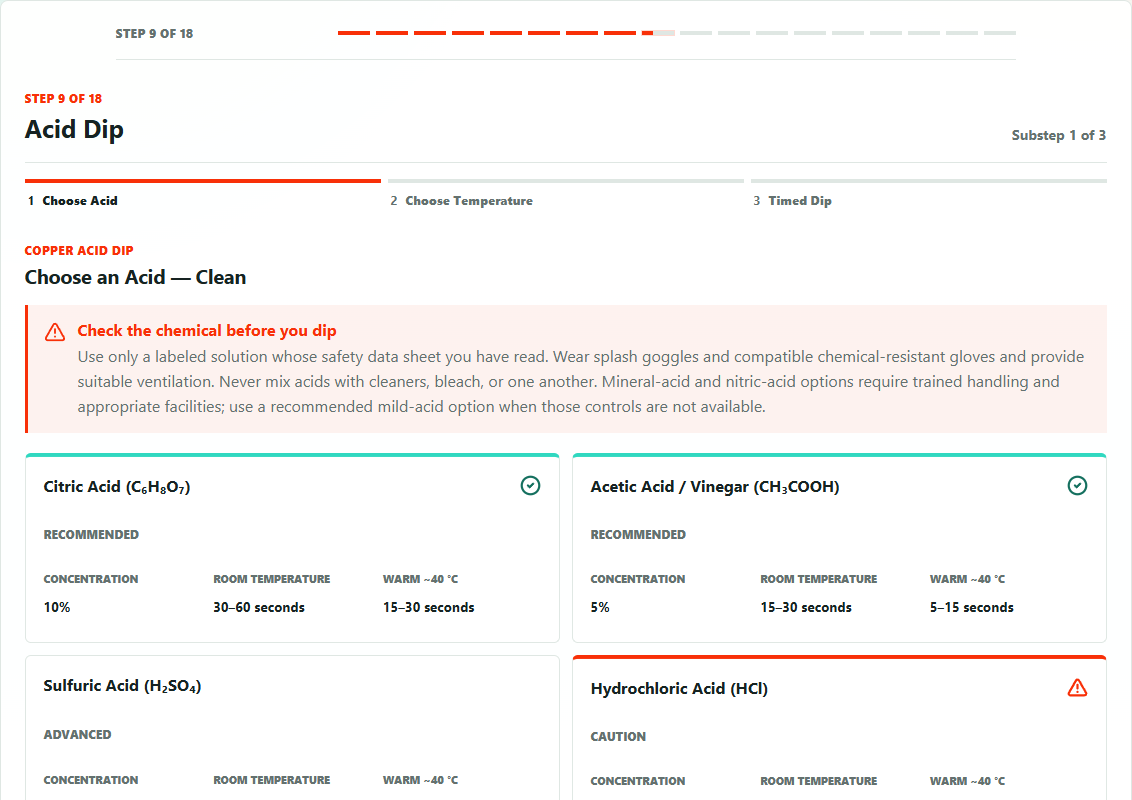 Choosing an acid and reviewing concentration and dip time in PlateLab