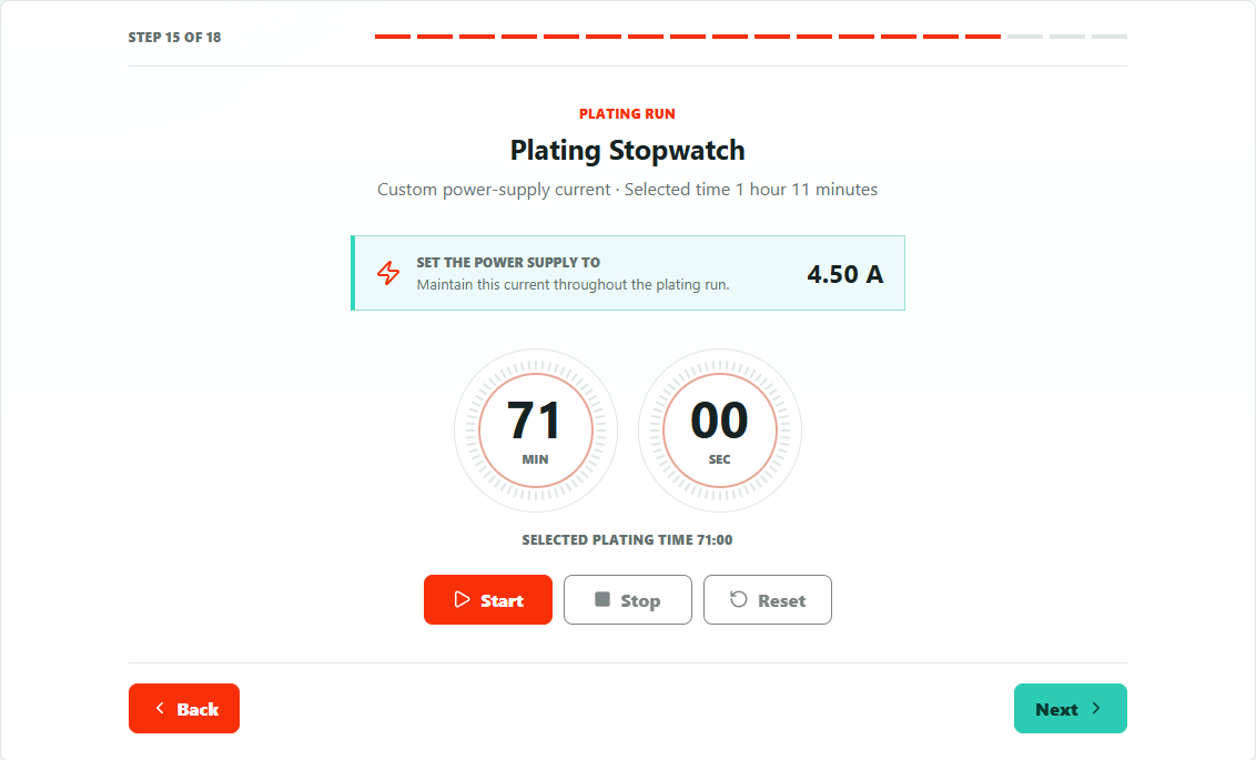 PlateLab plating stopwatch with selected current and time